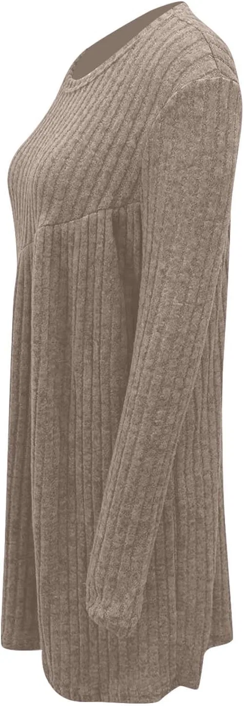 Женское платье-свитер с ребристым вязанием, Crew Neck, Long Sleeve, Khaki — фото 3