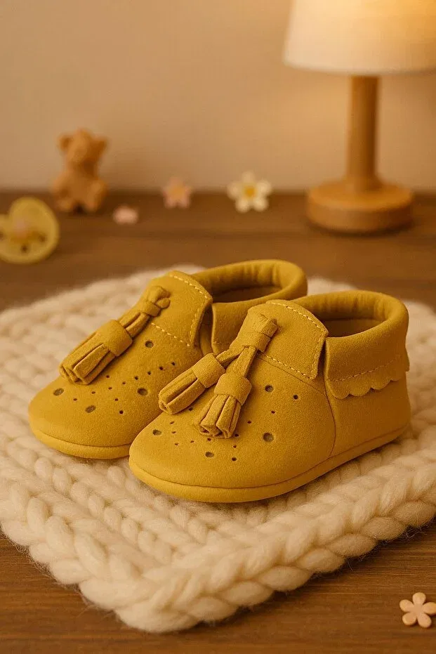 Детские ботиночки для девочек с кисточками Peppa genuine leather yellow tasseled elastic baby booties Hapshoe, Yellow