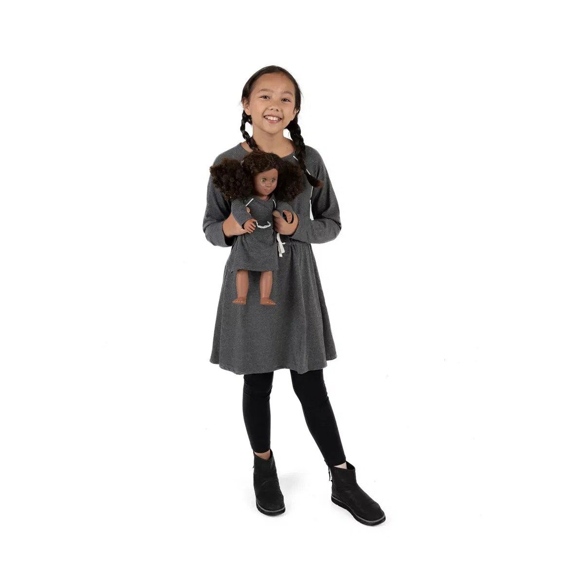 Детское платье для девочек с длинным рукавом Girl and Doll Bow Tie Dress LEVERET, Dark Gray