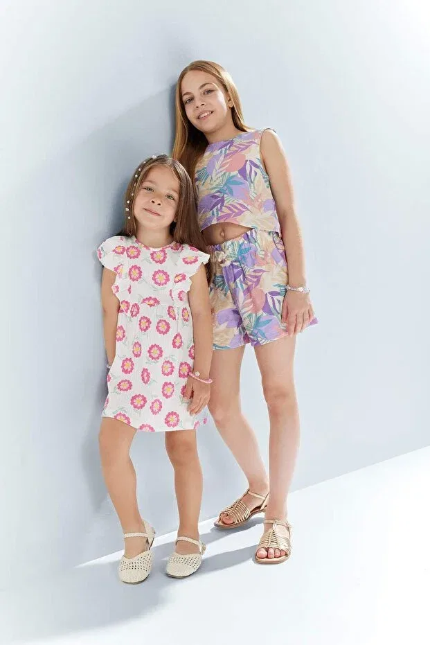 Детское платье для девочек с принтом Floral Short Sleeve Crinkle Viscose Summer Dress Defacto, Ecru-Er105