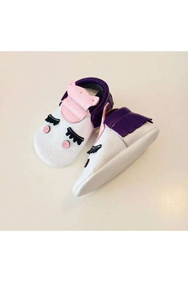 Детские мокасины для девочек кожаные Unicorn Themed Genuine Leather Moccasin Çizmeli Kedi, White — фото 2