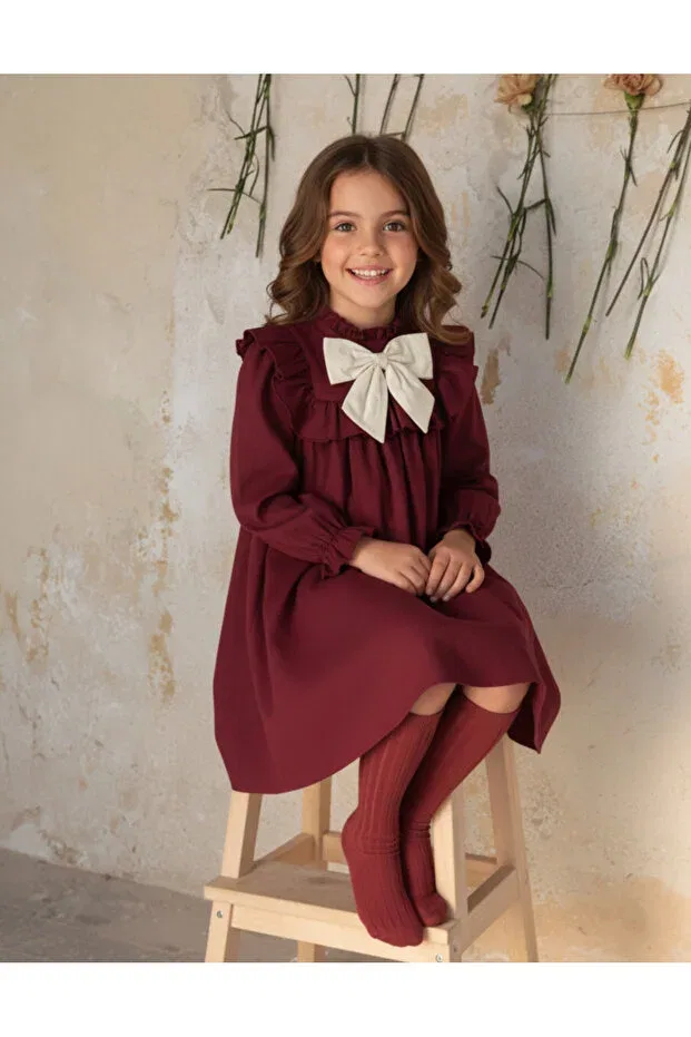 Детское платье для девочек с длинным рукавом Melek Golden, Burgundy — фото 4