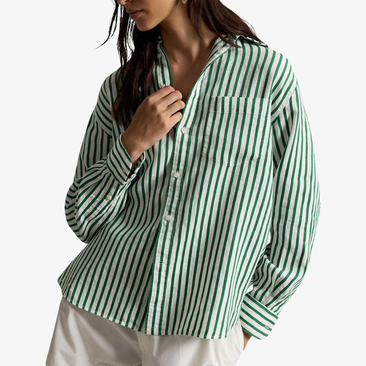 Полосатая рубашка свободного кроя из льна и хлопка Polo Ralph Lauren, бело-зеленый — фото 3