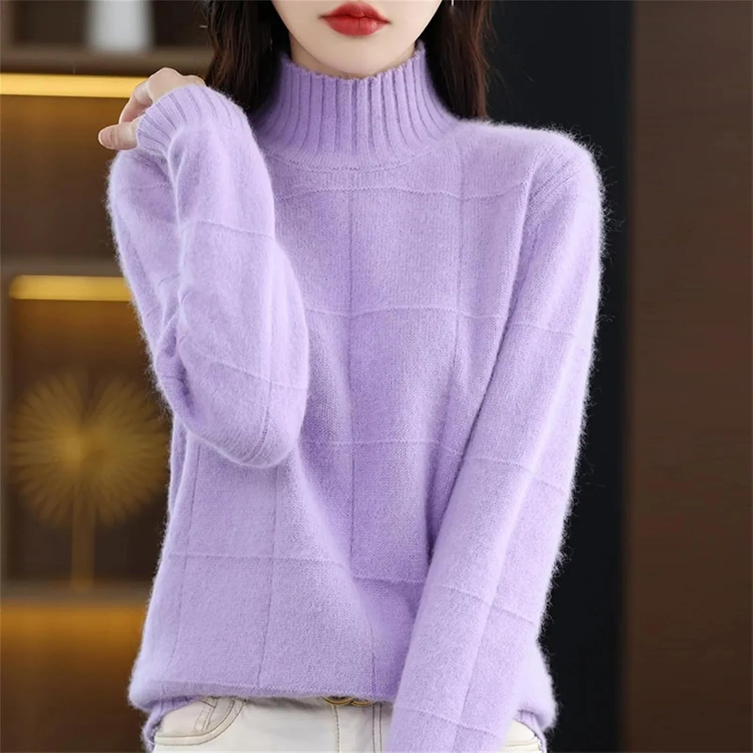 Женский свитер с высоким воротником, из кашемира, Slim Fit, светло-зелёный — фото 2