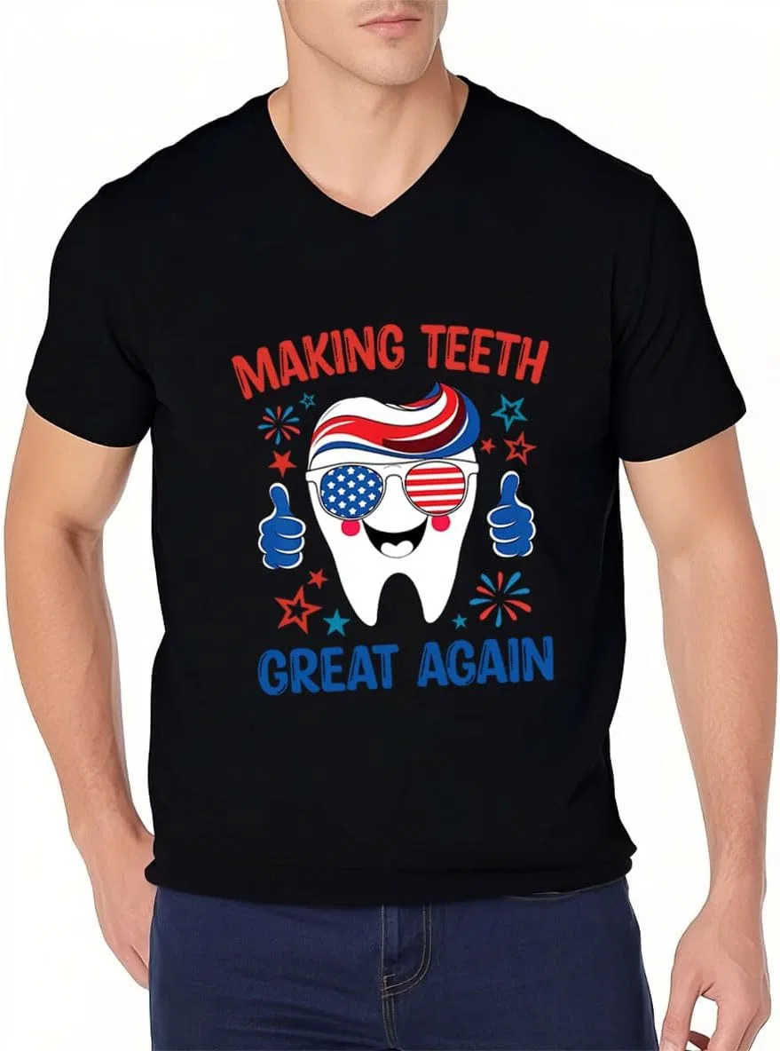 Женская футболка с принтом Making Teeth Great Again V-образным вырезом, Creamy Yellow — фото 3