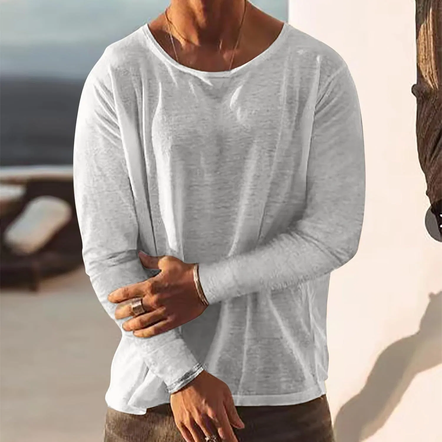 Мужская свободная футболка с длинным рукавом Athletic Shirts for Men, White — фото 2