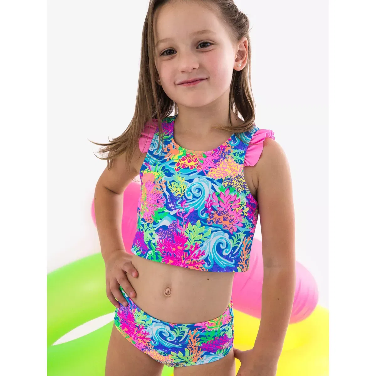 Детский танкини-комплект для девочек с принтом Flutter Tankini RuffleButts, Neon Ocean Coral — фото 4