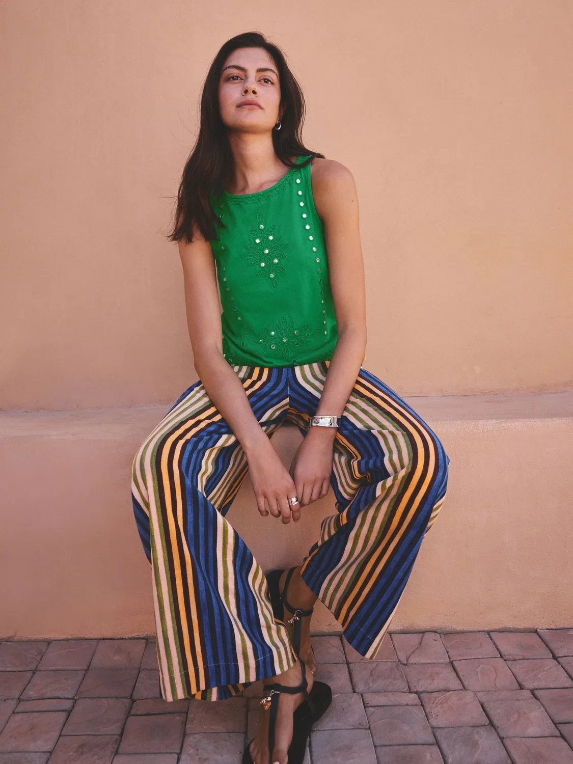Брюки широкие Next Blue/Yellow Stripe Linen Blend Wide Leg, сине-желтая полоска — фото 3