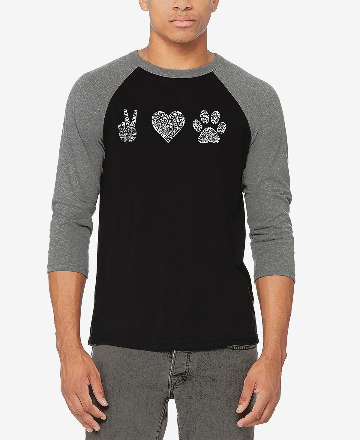 

Мужская бейсбольная футболка реглан с рукавом 3/4 peace love dogs word art футболка LA Pop Art, мульти, Белый, Мужская бейсбольная футболка реглан с рукавом 3/4 peace love dogs word art футболка LA Pop Art, мульти