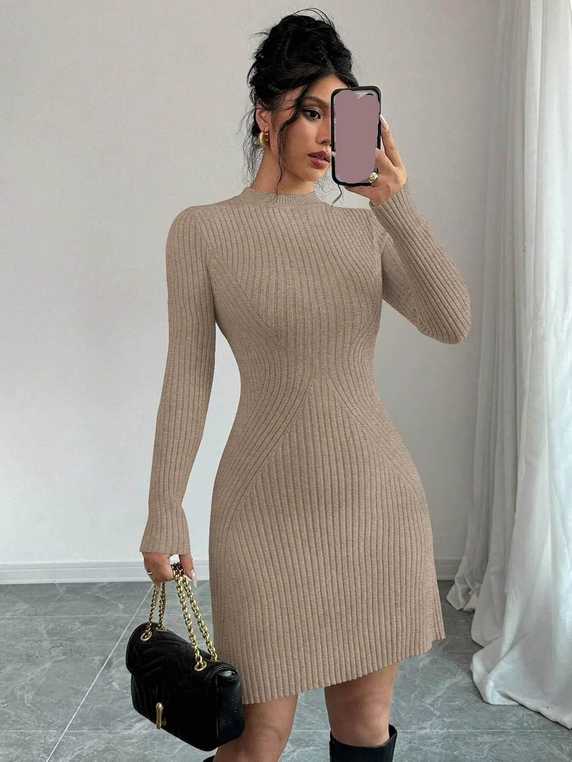 Женское короткое платье-свитер Ribbed Knit Bodycon, Camel — фото 2