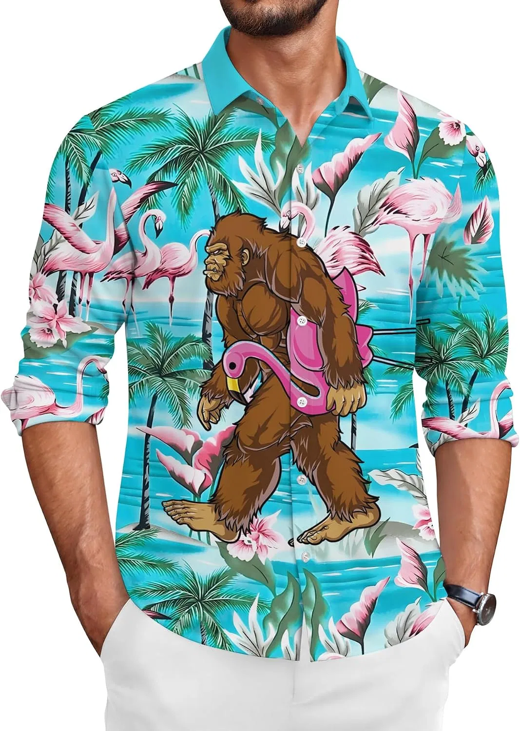 Мужская гавайская рубашка с длинным рукавом, на пуговицах, Polyester, синий — фото 2