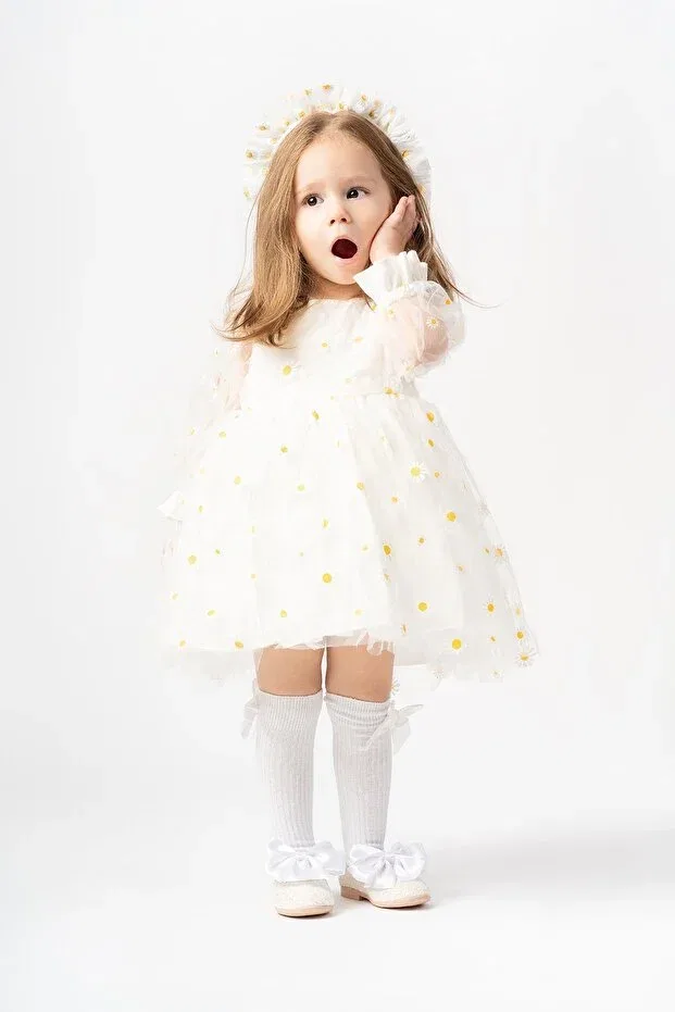Детское платье для девочек хлопковое Alyssa baby girl cotton lined daisy print fluffy tulle dress Banamio, White
