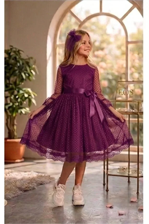 Детское платье для девочек с кружевом Guipure princess girl's dress with lace and buckle Rumi Kids, Purple