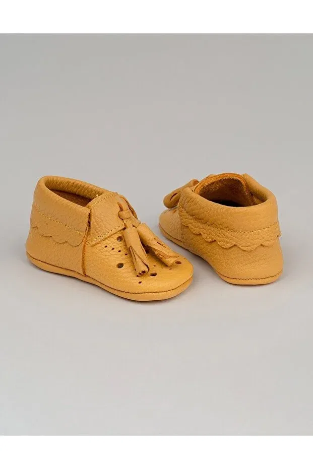 Детские тапочки-мокасины из натуральной кожи Poy natural leather mustard moccasin Beybium, Hardal — фото 4