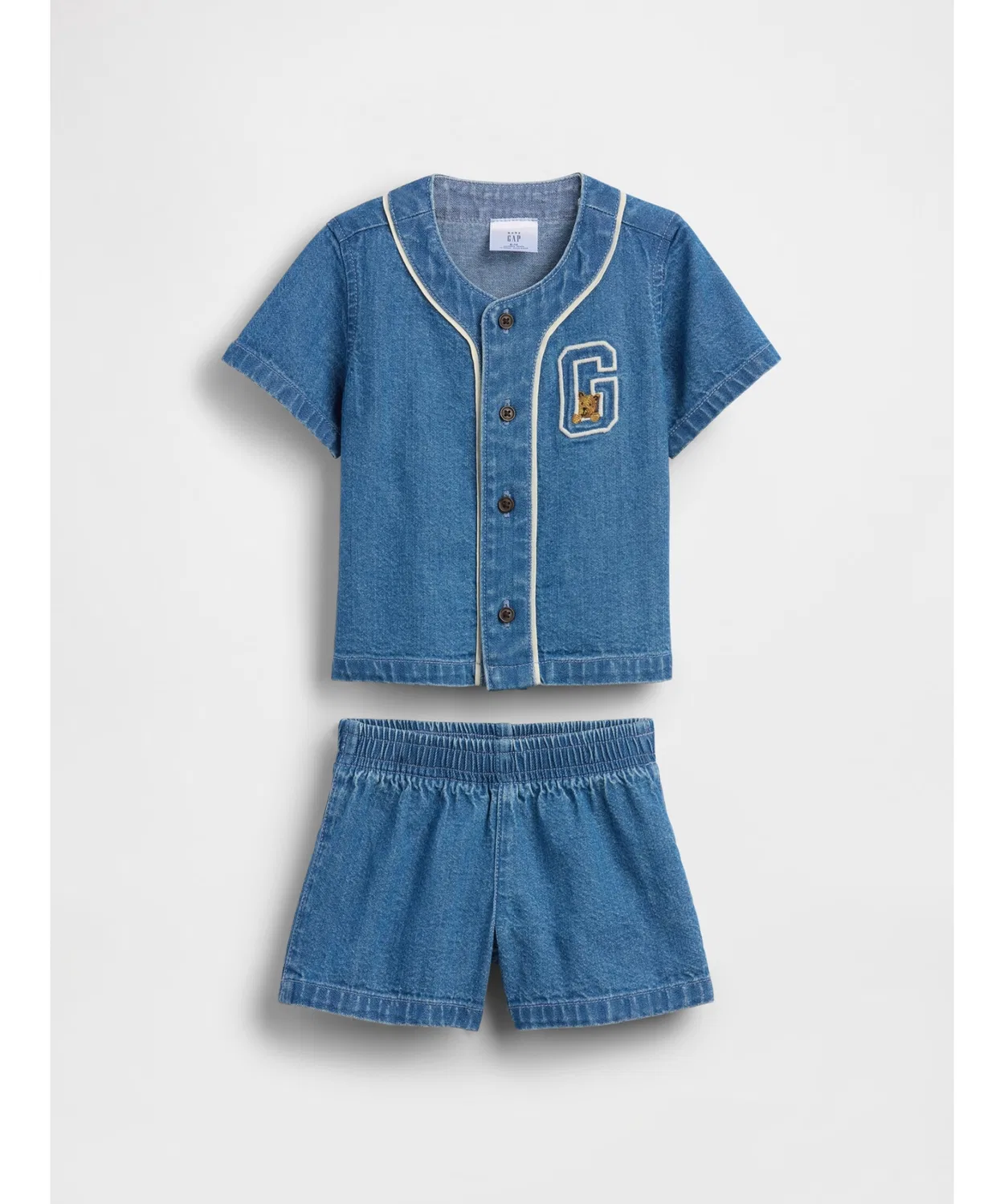 Детский комплект из джинсовой рубашки и шорт с принтом Varsity GAP, Indigo Blue