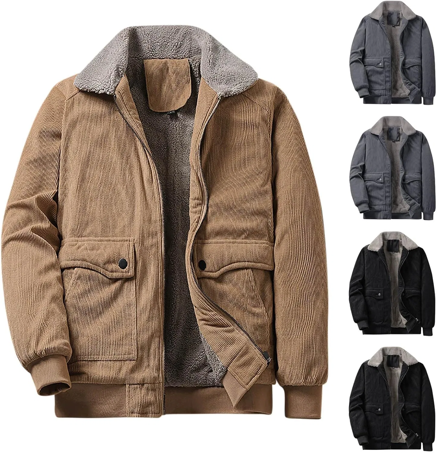 Мужское зимнее пальто из вельвета с флисовой подкладкой, Classic Corduroy Jacket, хаки
