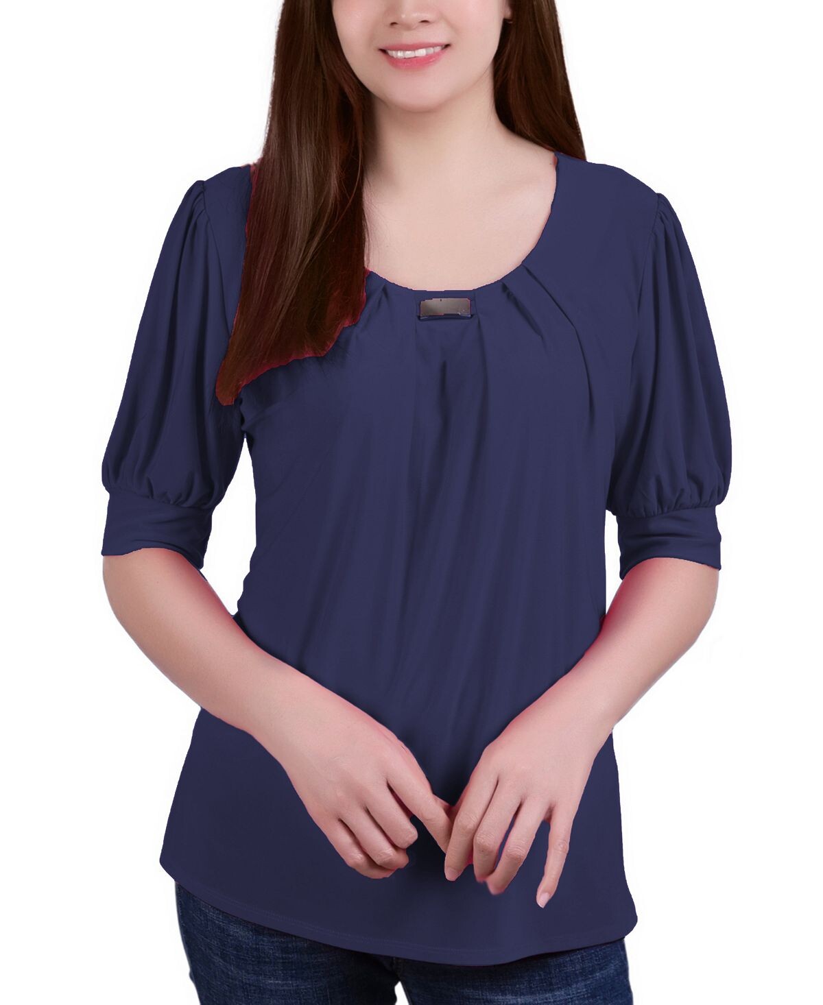 

Миниатюрный топ с короткими рукавами и объемными рукавами NY Collection, синий