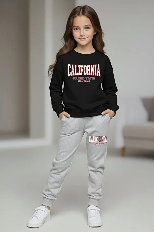 Детский спортивный костюм для девочек с принтом California Crew Neck, Armicem, Black-Grey