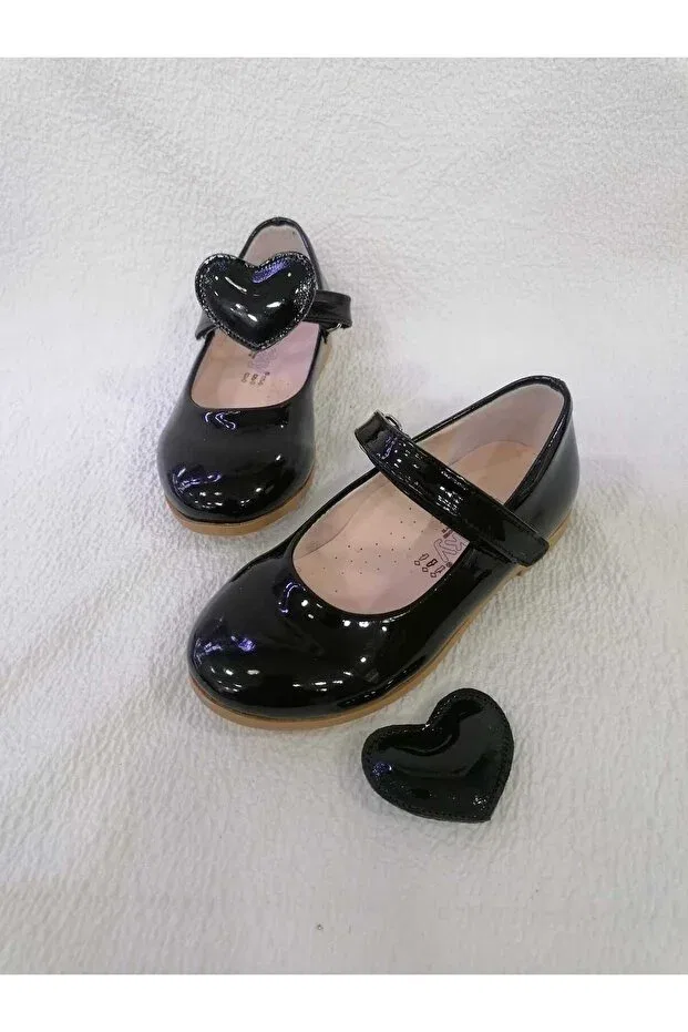 Детские балетки для девочек с принтом Heart (removable) Özgür Kids, Black Rugan
