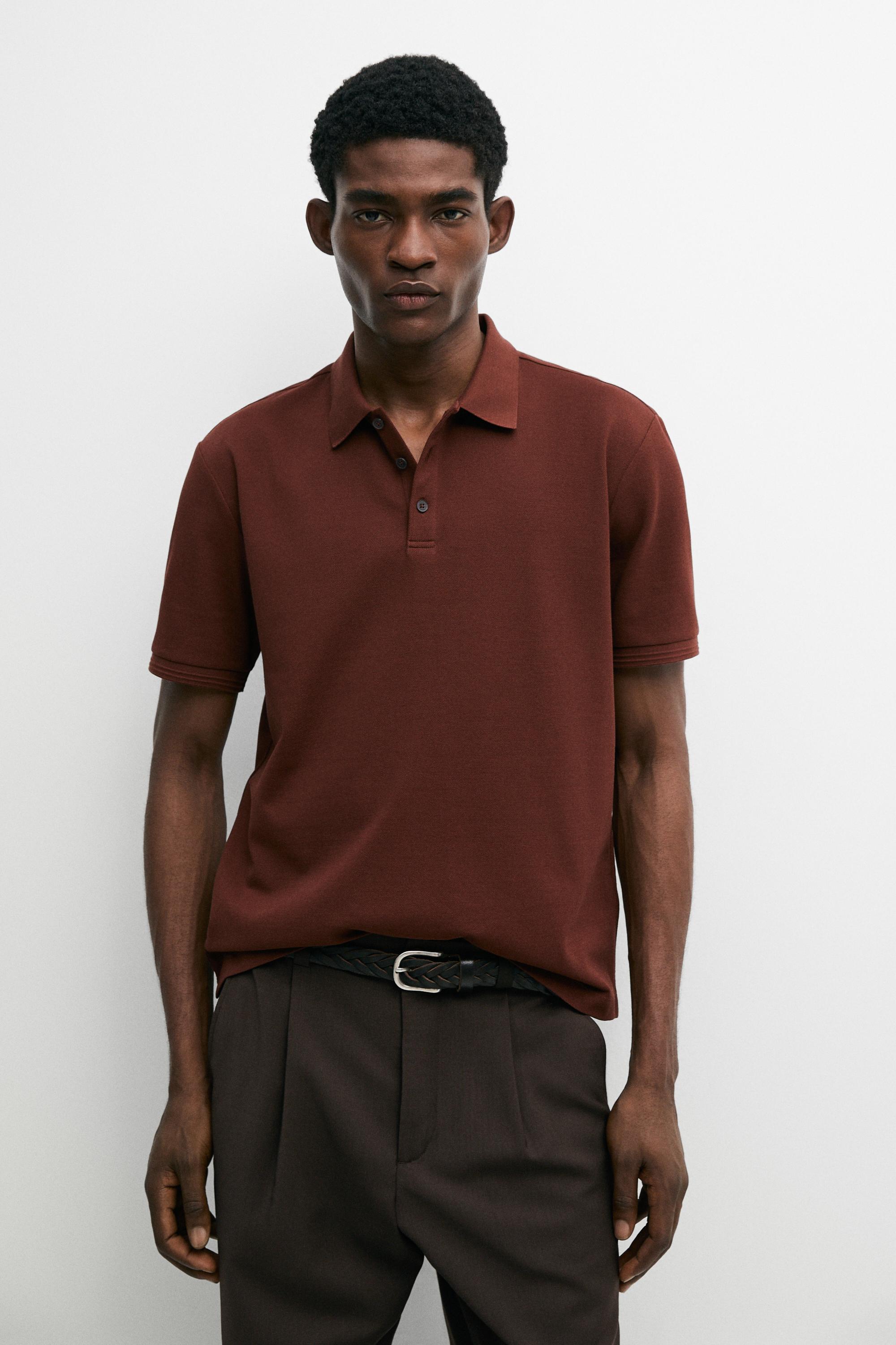 Поло Massimo Dutti 100% Cotton Short Sleeve Shirt, коричневый — фото 3