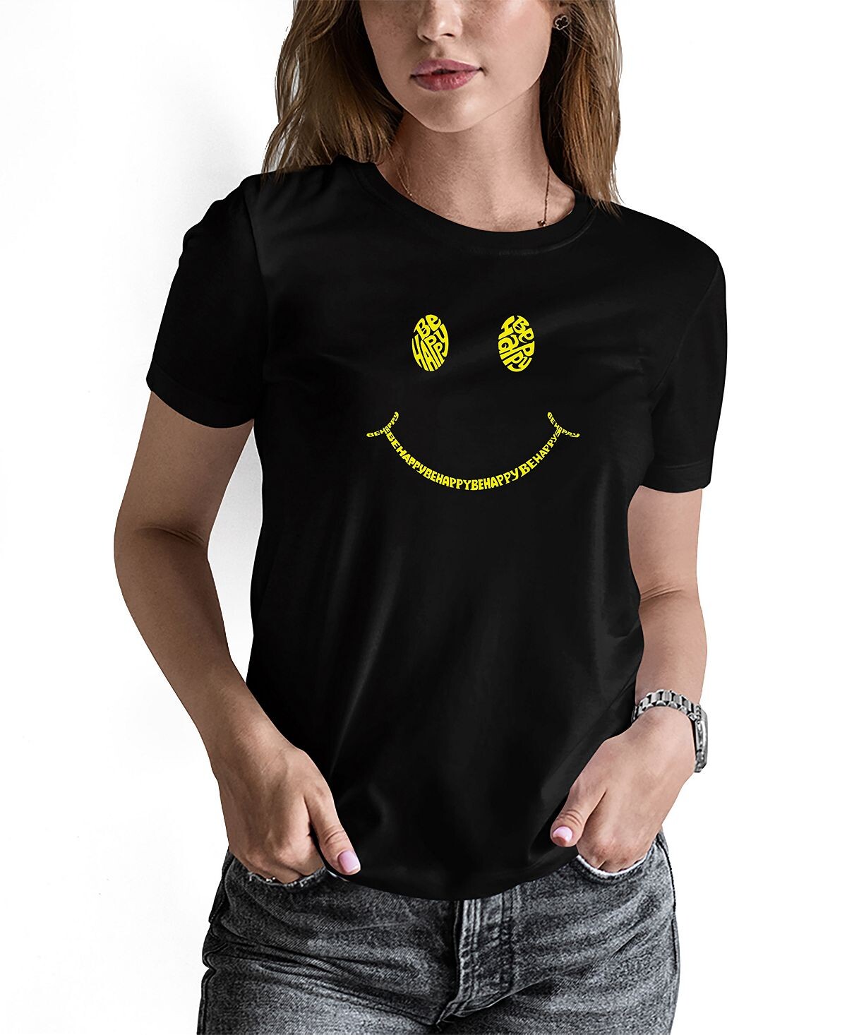 

Женская футболка be happy smiley face word art LA Pop Art, черный