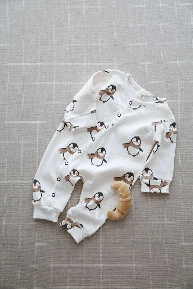 Детский комбинезон для девочек с принтом Puffy Penguin Patterned Organic Ribbed Knit Baby Rompers Dodo'S Baby, Navy Blue — фото 3