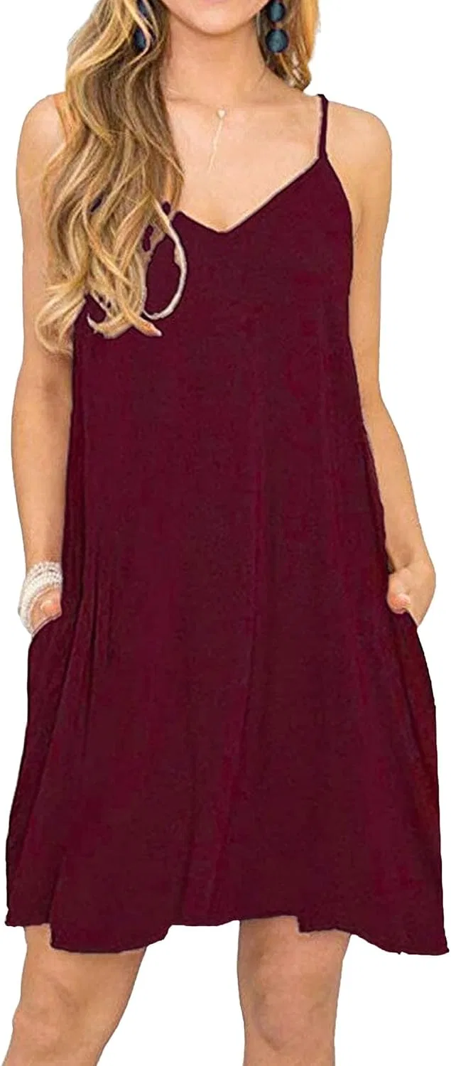 Женское летнее платье на тонких бретелях с V-образным вырезом, Wine Red