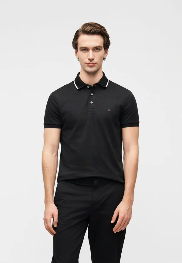 Поло-Рубашка из трикотажа интерлок приталенного кроя с контрастной отделкой. Tommy Hilfiger, Black
