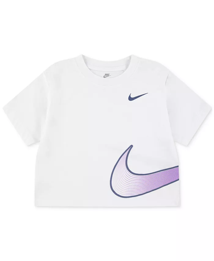 

Футболка с принтом Swoosh Motion для девочек, свободный крой Nike, белый