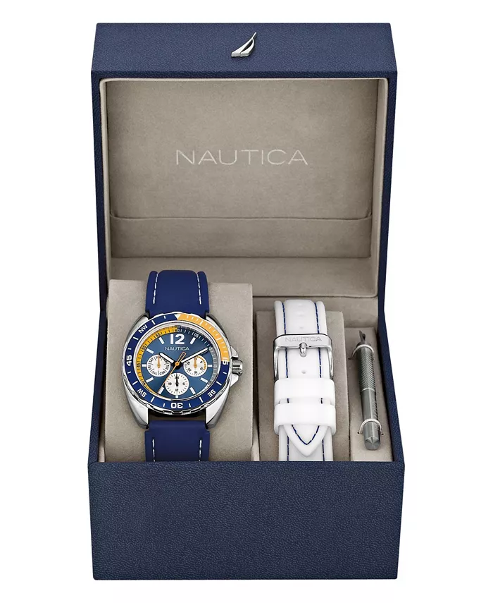 

Мужские часы N09915G Sport Ring Multifunction с ремешком из синего пластика и белым пластиковым ремешком в комплекте с коробкой Nautica, белый