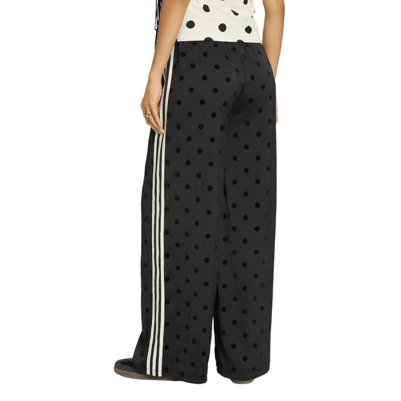 Женские брюки широкого кроя из атласа в горошек Satin Polka Dots Wide Leg Pants Adidas, черный/белый — фото 2