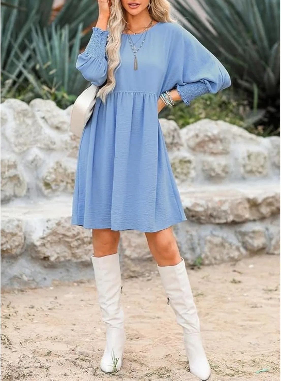 Женское мини-платье с рукавами-фонарик, Solid Crew Neck Dress, Light Blue — фото 3