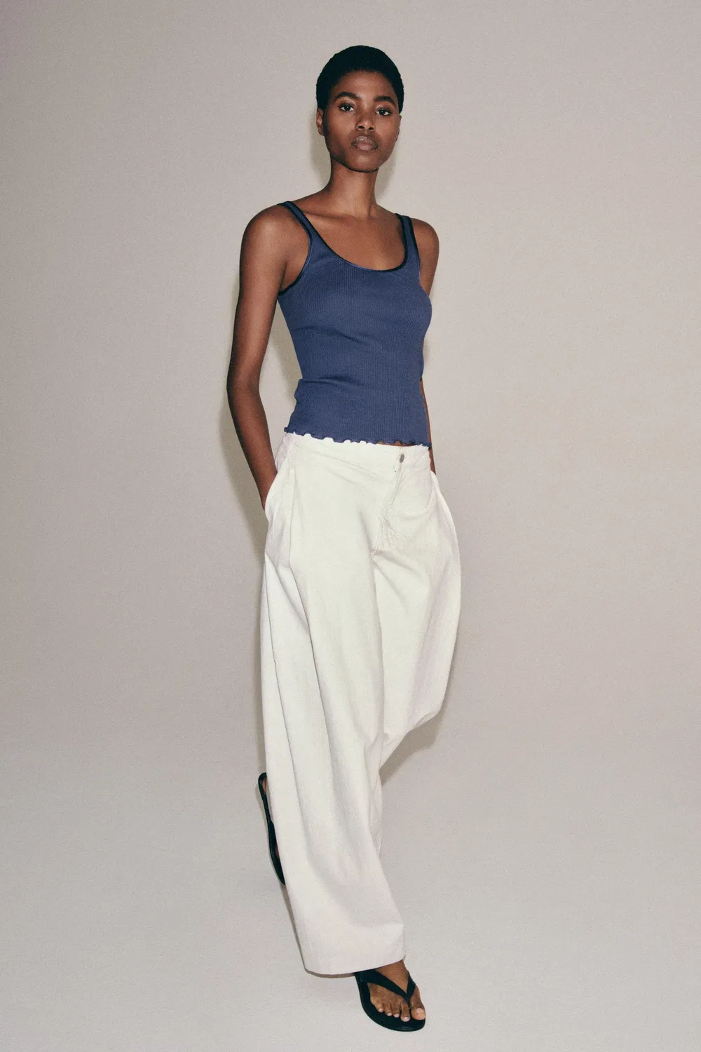 Хлопковая ребристая футболка без рукавов ZARA, Blue