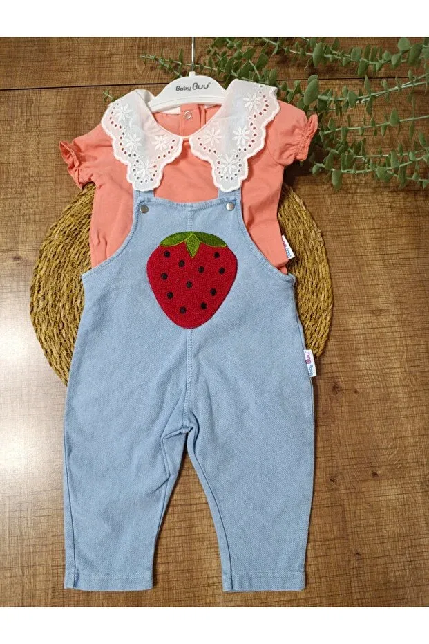 Детский комбинезон для девочек с цветочным принтом Strawberry pocket ruffle collar detailed denim baby girl summer salopet gardener set Baby Buu, Pink — фото 4