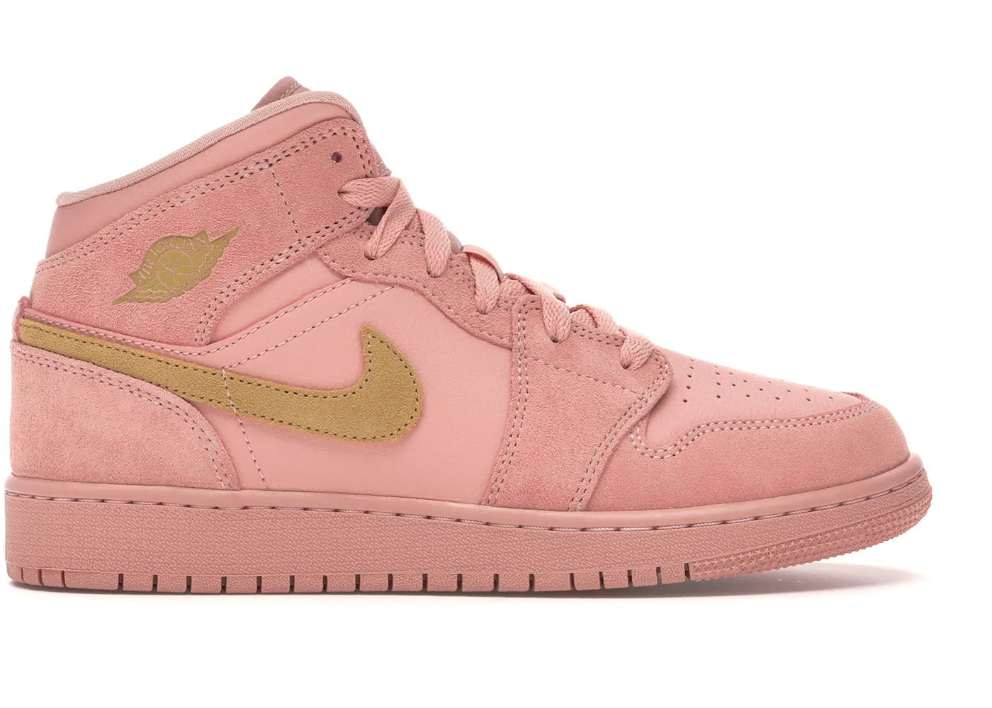 Детские кроссовки с перфорированным носком Jordan 1 Mid Coral Gold (GS) Jordan, Coral Stardust/Club Gold-Coral Stardust