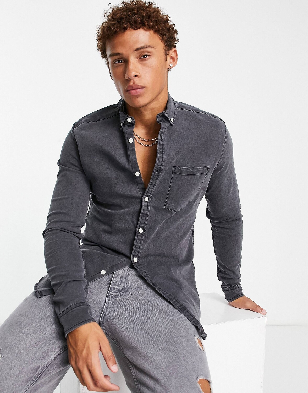 

Черная узкая джинсовая рубашка стрейч ASOS DESIGN