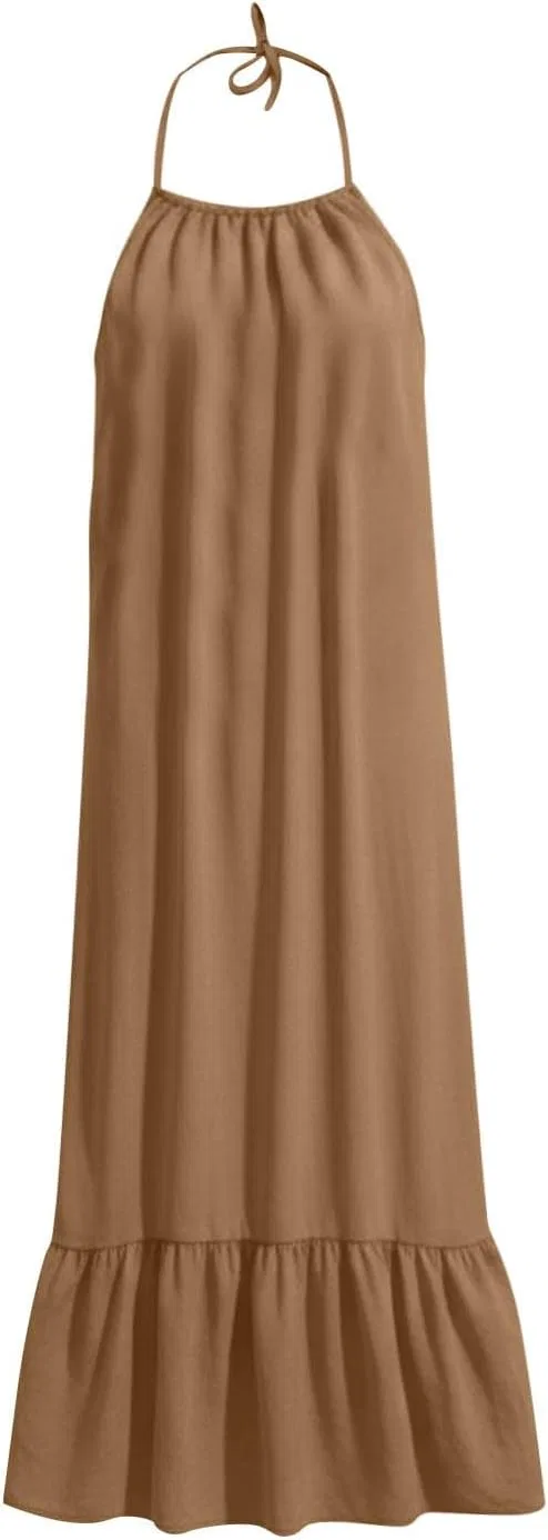 Женское летнее макси-платье с открытой спиной Backless Cami Dress, Coffee — фото 4