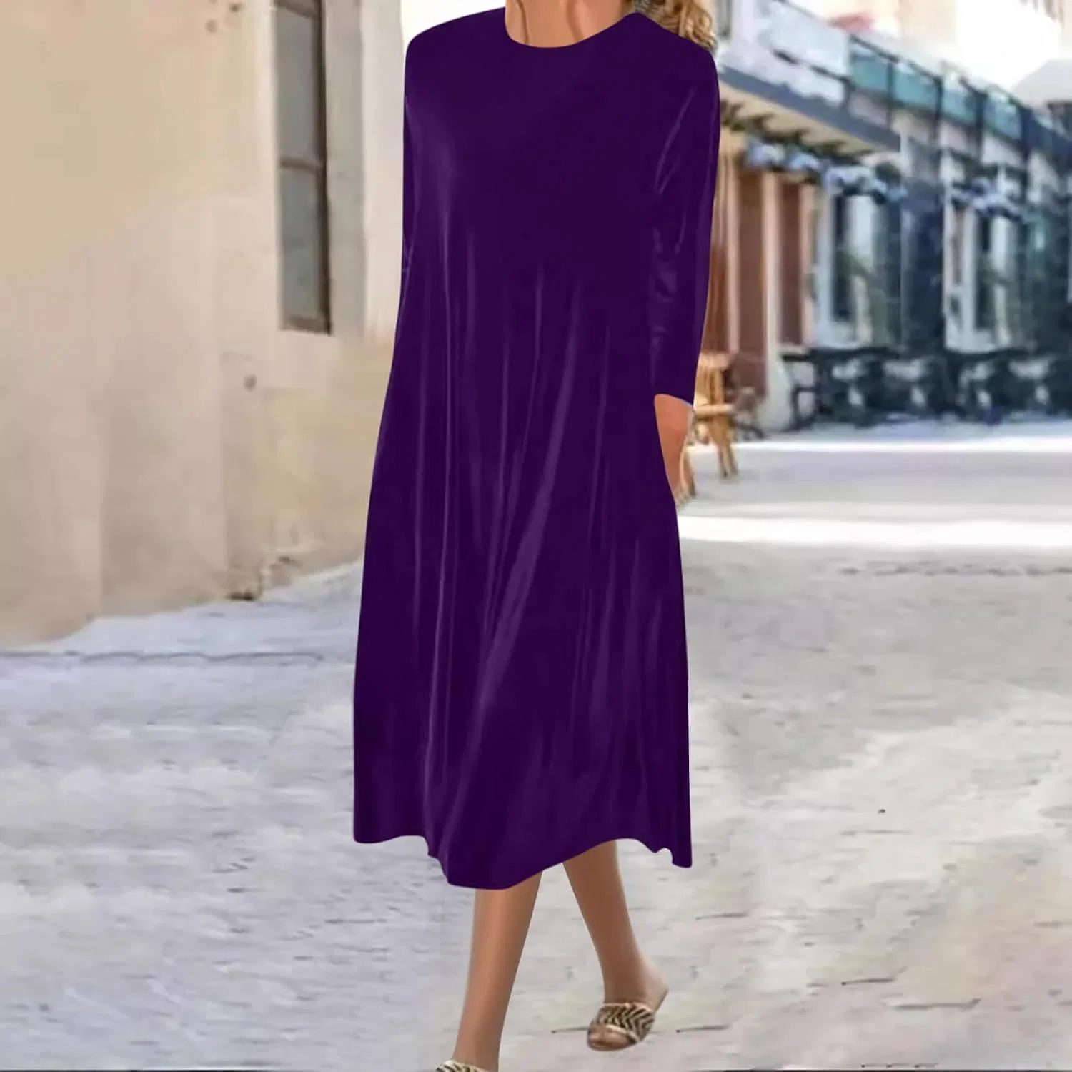 Женское платье миди свободного кроя с длинным рукавом, Purple — фото 3