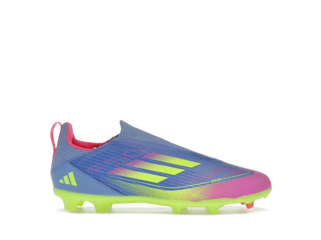Детские бутсы без шнуровки Adidas F50 League Laceless FG/MG, Blue Fusion Lucid Lemon Lucid Pink
