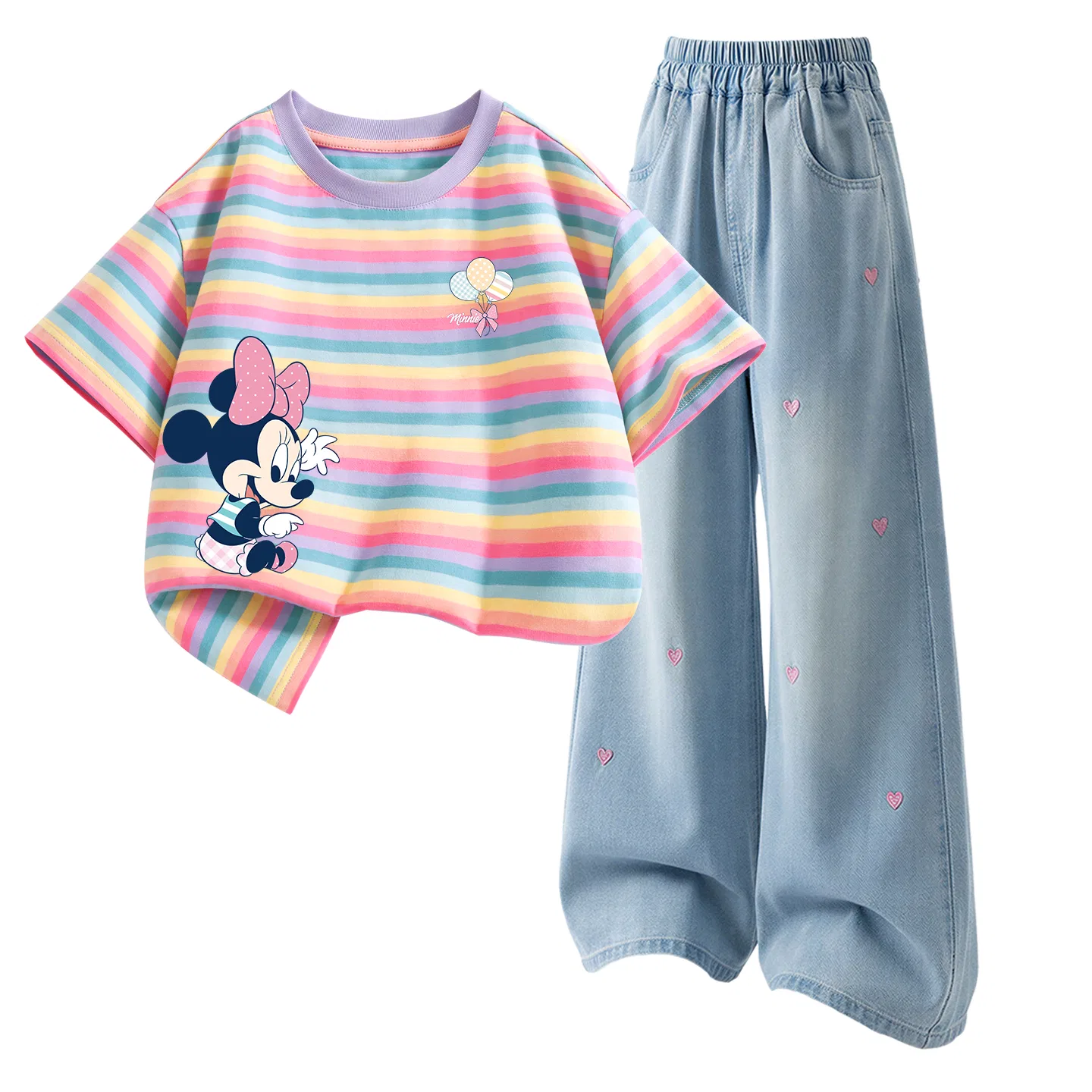 Детский спортивный костюм с круглым вырезом, тонкий и дышащий, Disney, Di Flower Heart Green + Denim Light Blue — фото 3