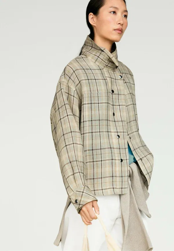 Куртка из льна с рисунком в клетку Light jacket Massimo Dutti, бежевый — фото 2