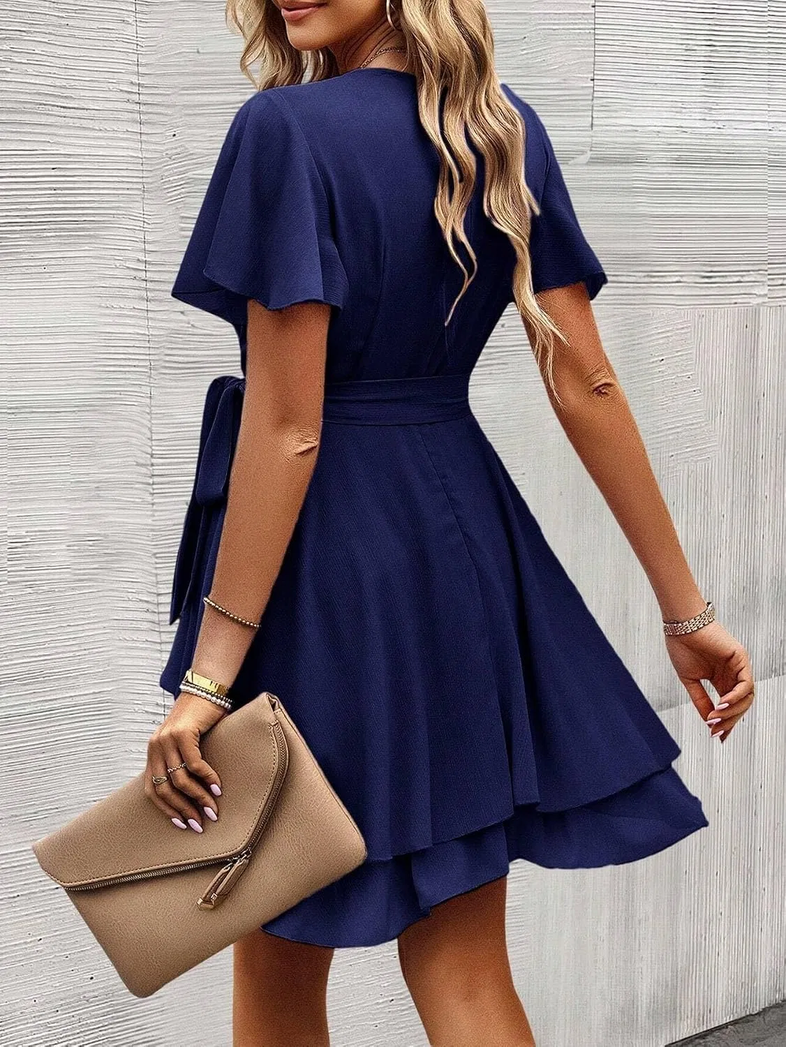 Женское летнее платье A-line с воланами на рукавах и поясом, Navy Blue — фото 2