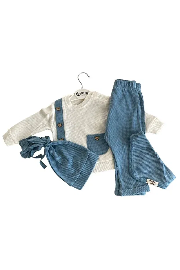 Детский костюм для мальчиков с принтом Teddy Bear Buttoned Waffle Fabric Yağmur Giyim, Blue-79791