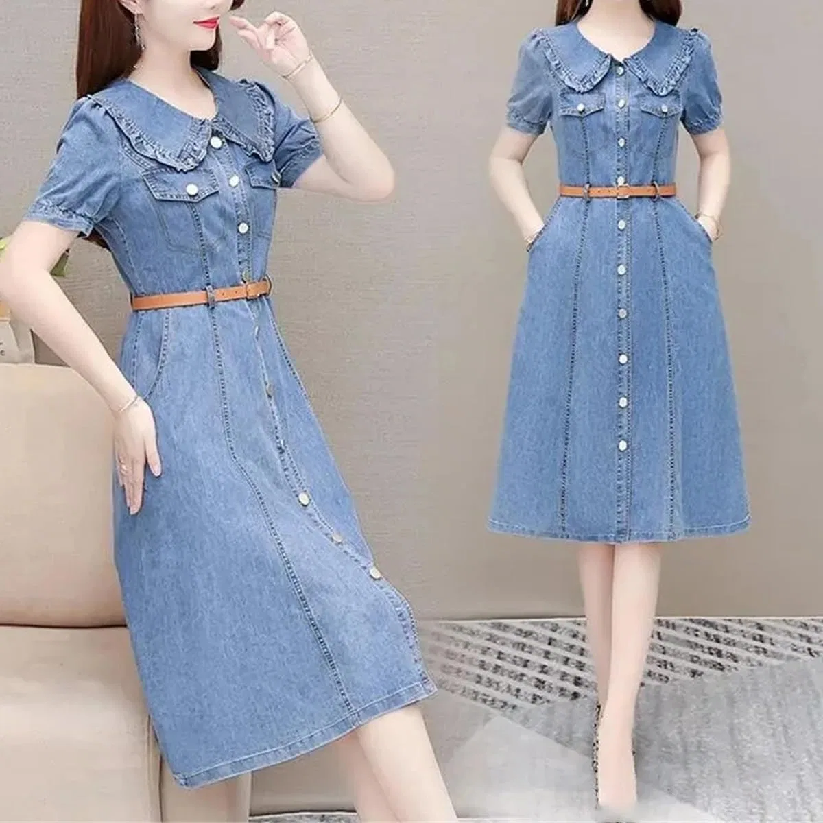 Женское джинсовое платье с отложным воротником Slim Fit, Blue — фото 3