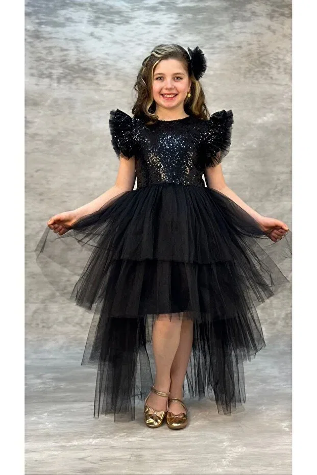Детское платье для девочек кружевное с принтом Graduation Wedding Lace Dress With Sequin Train Pumpido, Black