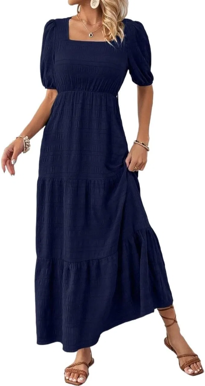 Женское платье макси с пышными рукавами, Plain, Navy Blue