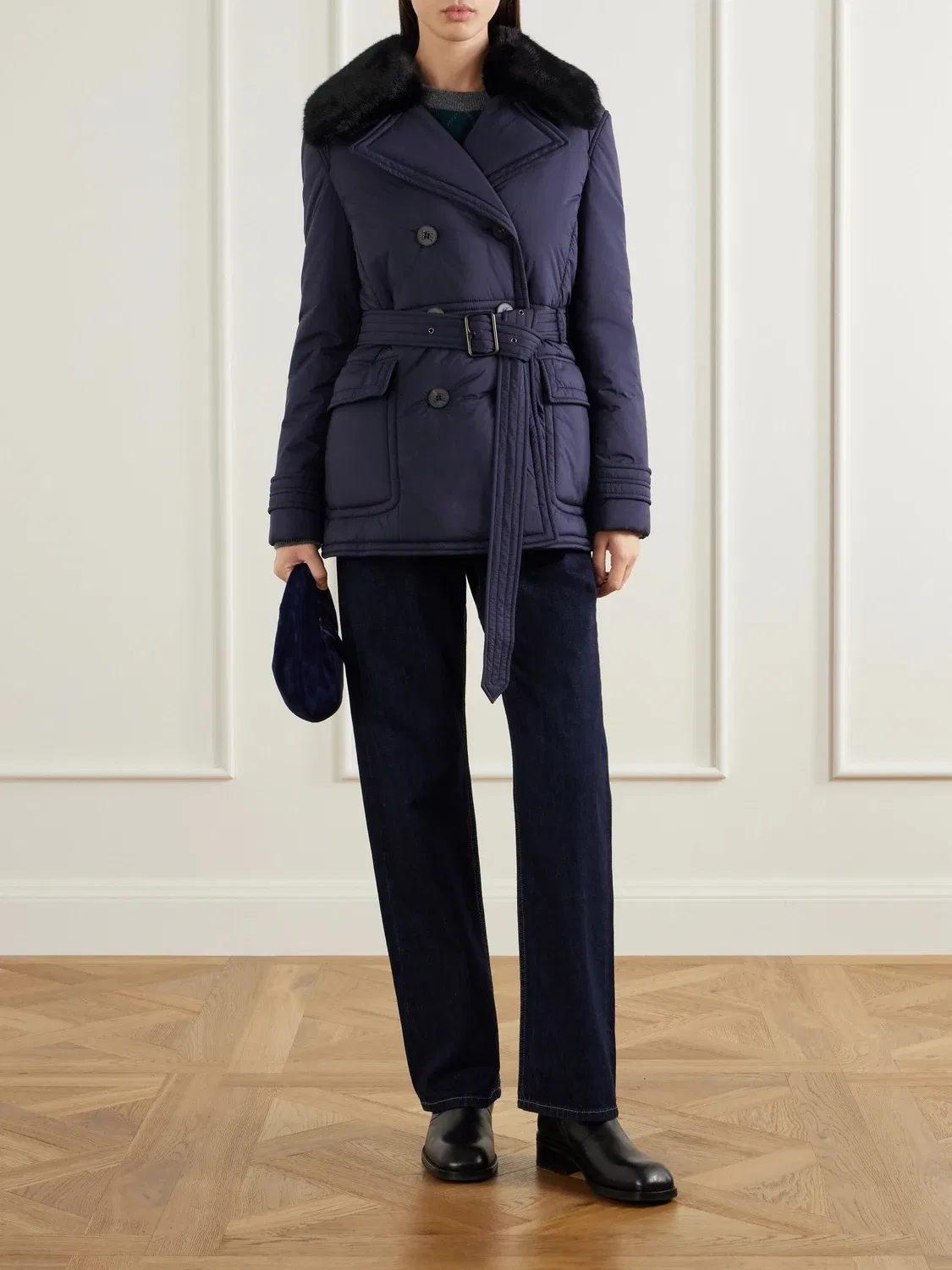 Двубортная стеганая куртка из шелла с поясом и плюшевой отделкой Burberry, синий — фото 2