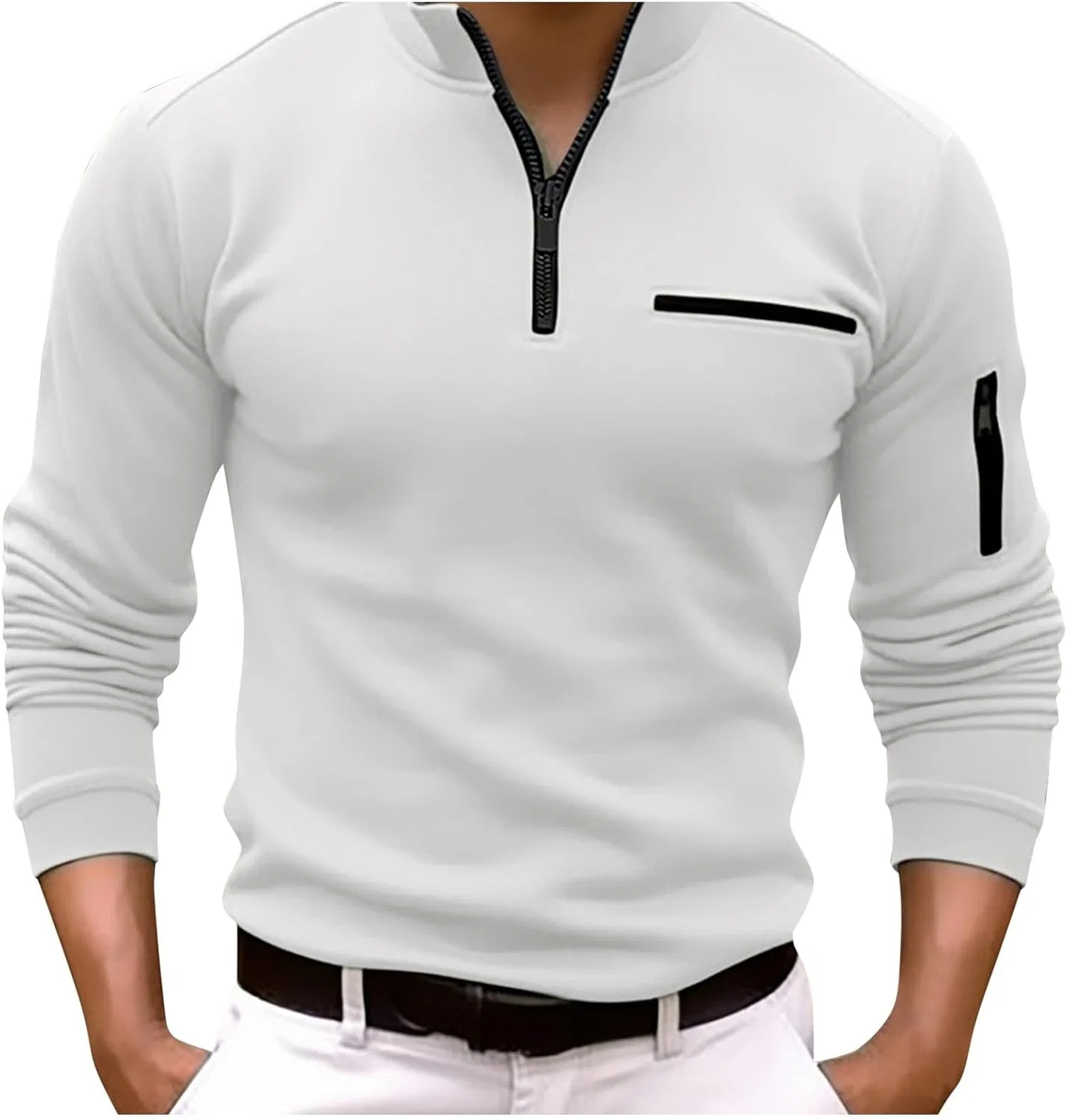 Мужская длинная футболка-поло с V-образным вырезом и полосками Slim Fit Stretch, White