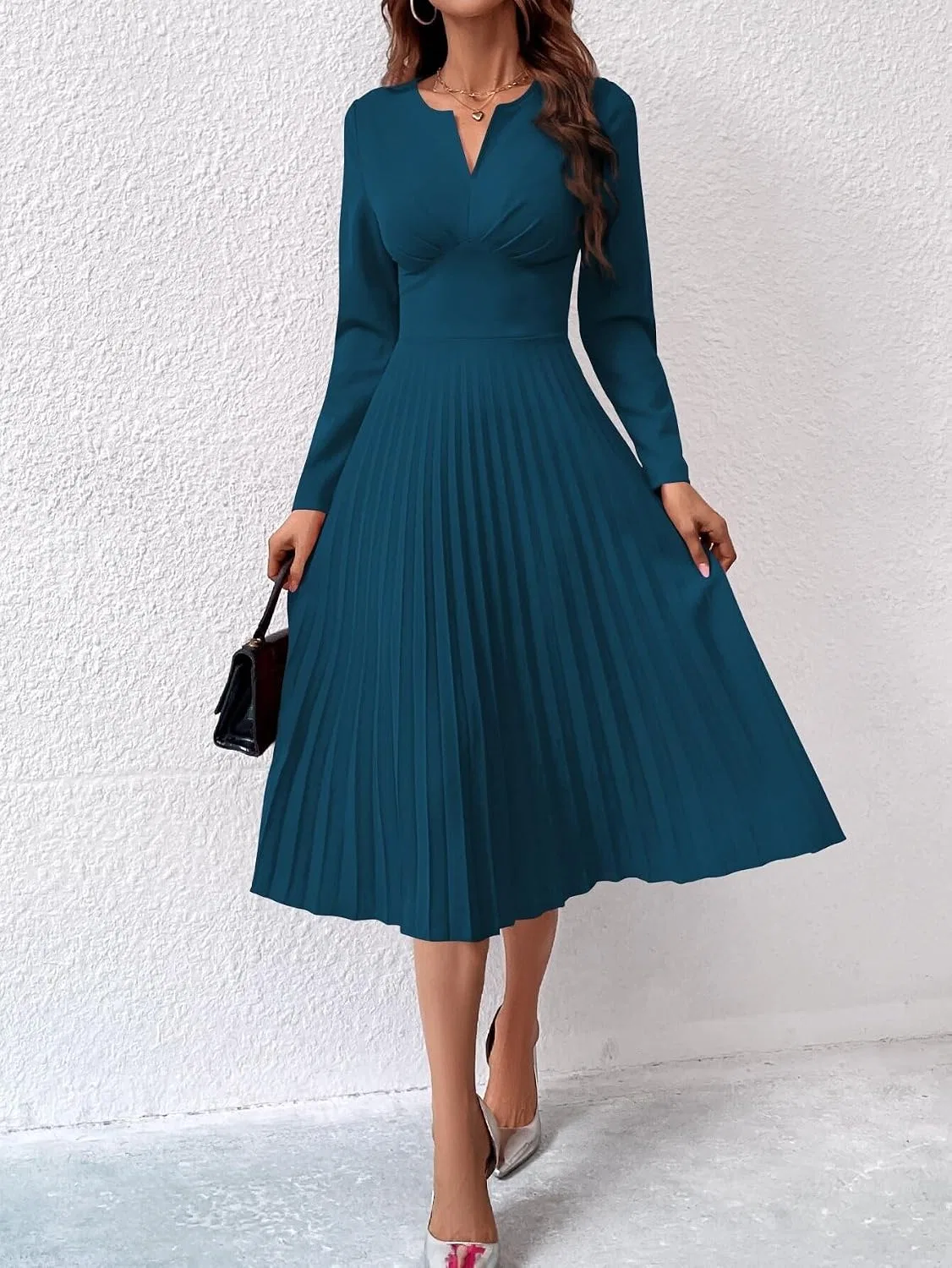 Женское элегантное платье миди A-силуэта с плиссе, Long Sleeve, Teal Blue — фото 3