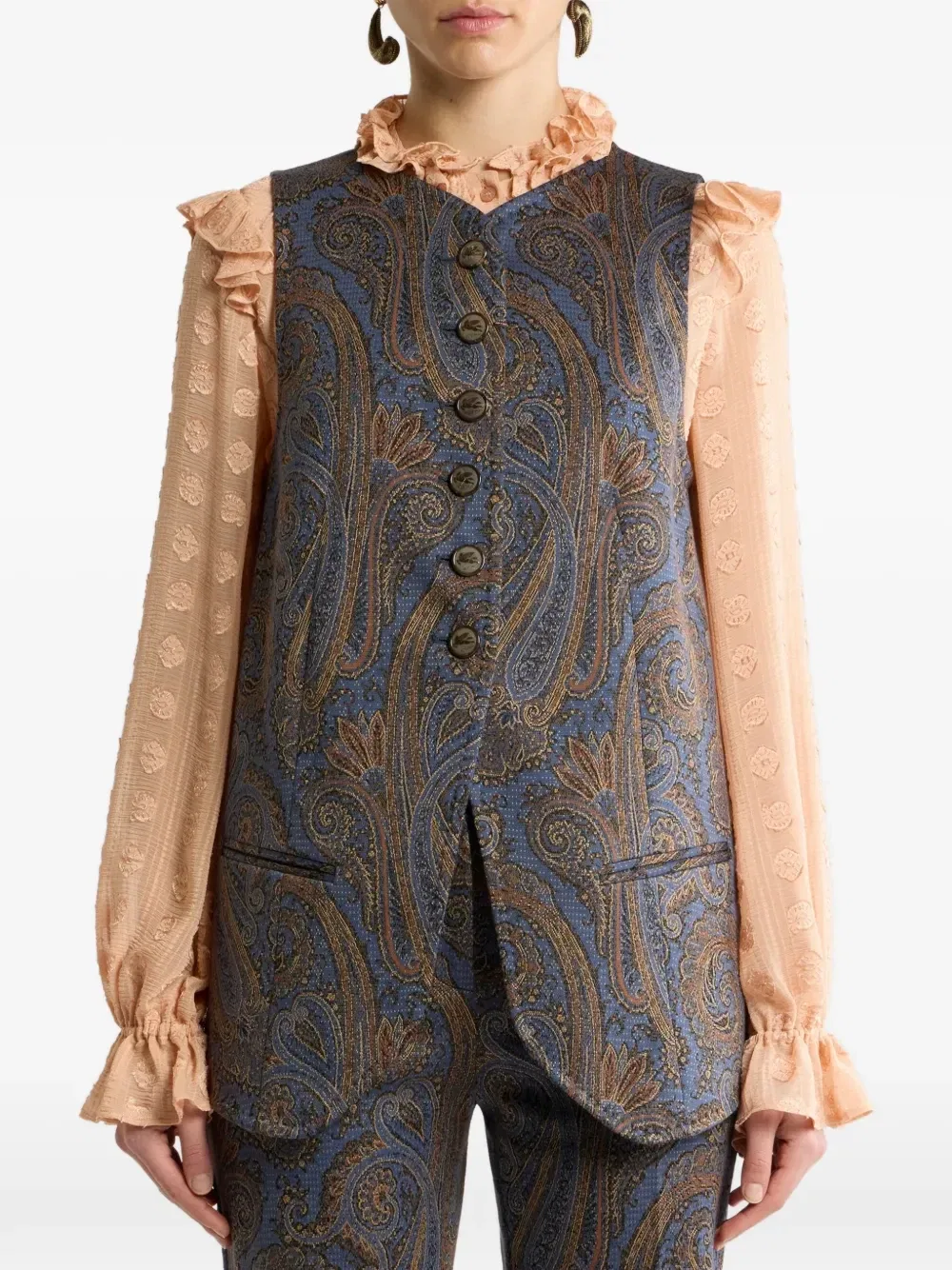 Жилет из хлопкового жаккарда с узором пейсли Etro, синий — фото 3